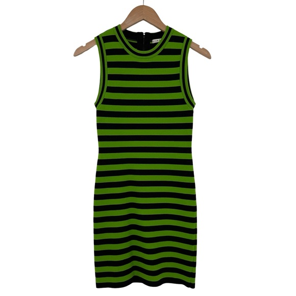 Alice + Olivia Landi Striped Wool Blend Mini Dress in Parrot / Black | Medium - Picture 3 of 10